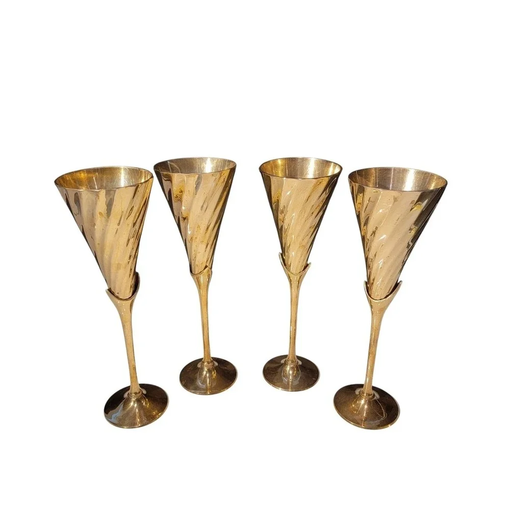 Vintage Brass Champagne Flutes Set of 4 Celebration Toasting New Year 